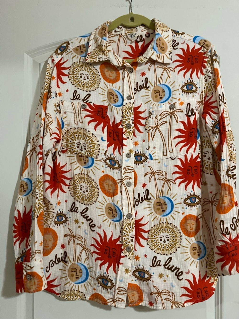Ivy Jane Colorful Sun & Moon Print Button-Up Shirt Cotton Summer Gauzy Boho